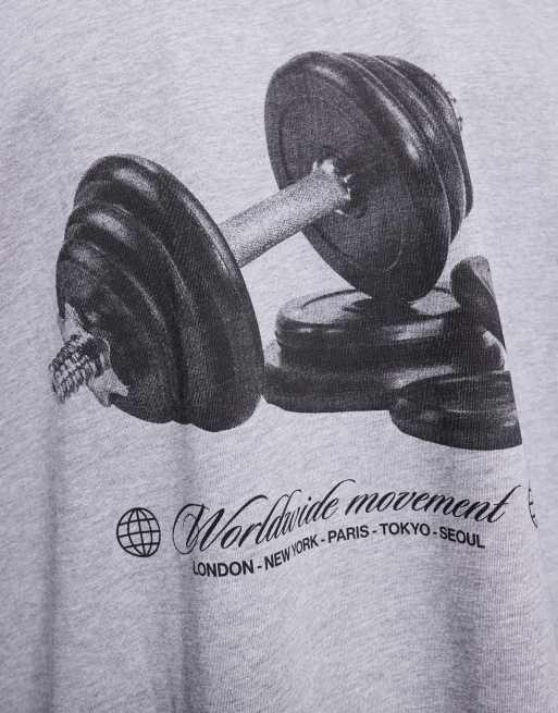 Camiseta gris jaspeado extragrande con gráfico en la espalda y acabado de secado rápido de algodón grueso de 4505, 2 de 5