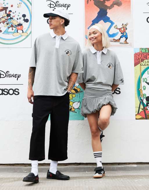 Camiseta gris jaspeado extragrande unisex con cuello tipo polo y estampados de Mickey Mouse de Disney de ASOS DESIGN
