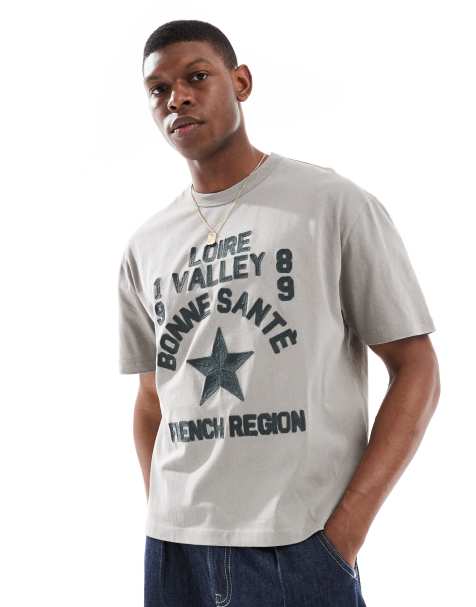 Camiseta gris lavado de corte cuadrado holgado con texto bordado de tejido grueso de 220 g/m² de ASOS DESIGN - view 1