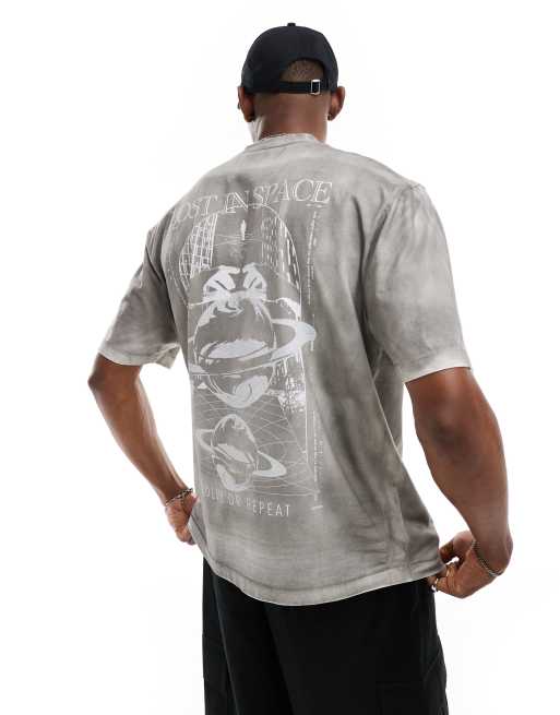 Camiseta gris lavado extragrande con estampado celestial en la espalda de tejido grueso de 220 g/m2 de ASOS DESIGN