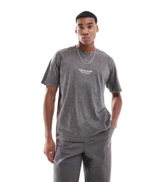 Camiseta gris lavado extragrande con estampado en el pecho "Originals" de Jack & Jones - view 1