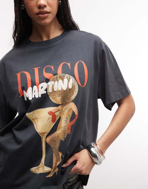 Camiseta gris lavado extragrande con estampado gráfico vintage "Disco Martini" de ASOS DESIGN, 2 de 4