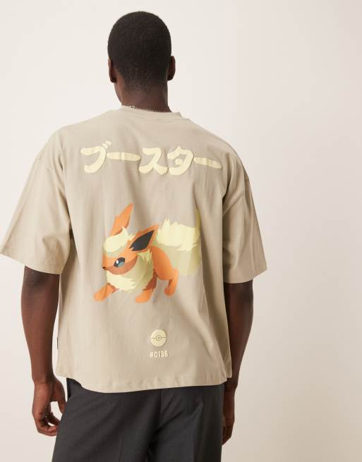 Camiseta gris lavado unisex de corte cuadrado extragrande con estampado de Flareon de "Pokémon" de ASOS DESIGN