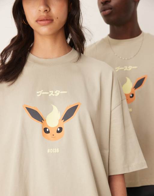 Camiseta gris lavado unisex de corte cuadrado extragrande con estampado de Flareon de "Pokémon" de ASOS DESIGN