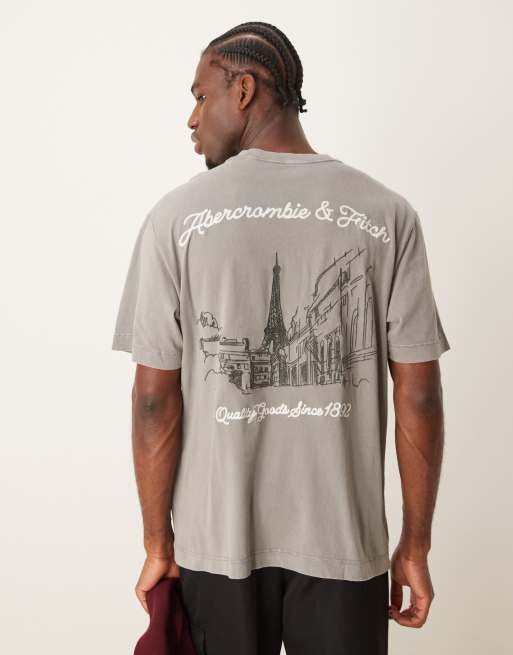 Camiseta gris medio extragrande con lavado ácido envejecido, estampado de paisaje en la espalda y logo de Abercrombie & Fitch