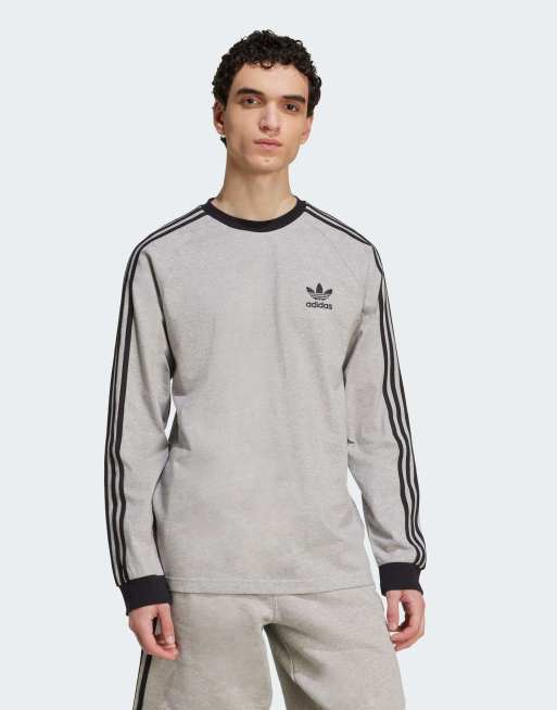 Camiseta gris medio jaspeado y blanca de manga larga con 3 rayas Adicolor Classics de adidas Originals