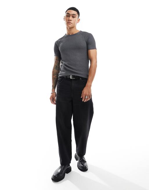 Camiseta gris oscuro ajustada con mangas raglán de tejido rugoso de ASOS DESIGN, 3 de 4