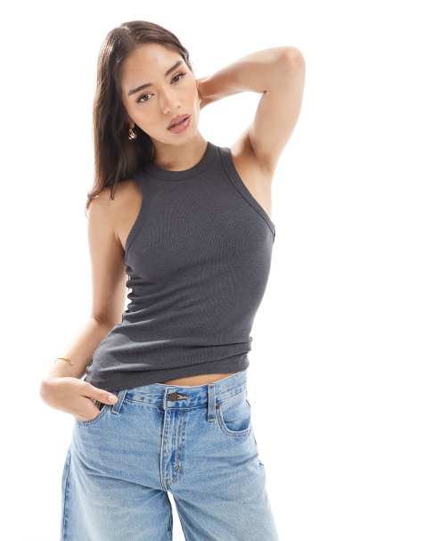 Camiseta gris oscuro sin mangas con espalda de nadadora de canalé de JJXX - view 1