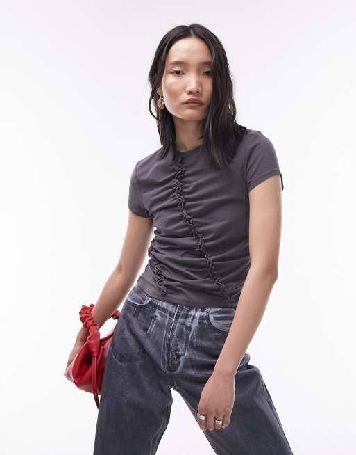 Camiseta gris pizarra fruncida de manga corta con volante de Topshop