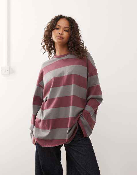 Camiseta gris y burdeos a rayas extragrande de manga larga exclusiva en ASOS de Weekday - view 1