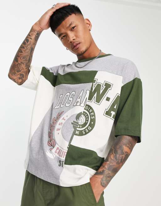 Camiseta gris y color crudo extragrande con diseño color block y estampado de Los Ángeles de ASOS DESIGN
