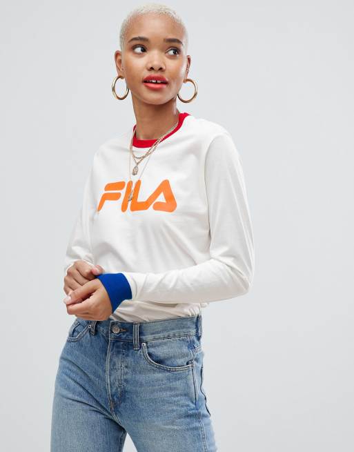 Camiseta holgada de manga larga con ribetes en contraste y estampado gráfico del logo en la parte delantera de Fila