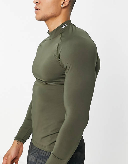 Hombre Tops | Camiseta interior caqui deportiva de manga larga con cuello subido y logo de ASOS 4505 - RV46064