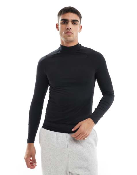  Camiseta básica de cuello alto para hombre, ajustada