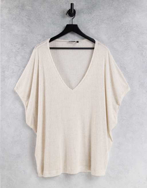 Camiseta larga beis extragrande con escote de pico pronunciado de canalé de ASOS DESIGN