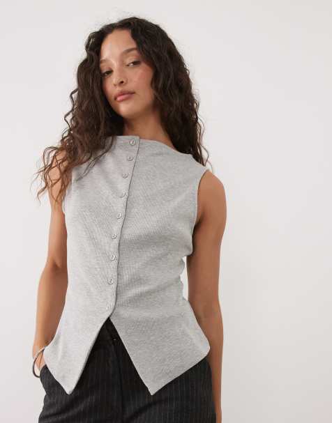Camiseta larga gris abotonada sin mangas con cuello barco de canalé de ASOS DESIGN - view 1