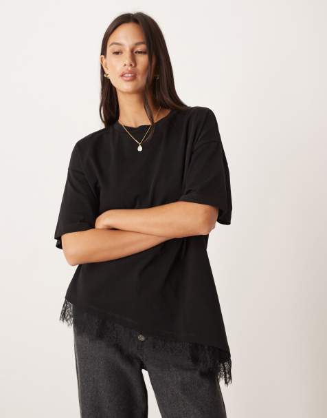 Camiseta larga negra asimétrica con detalle de ribete de encaje de ASOS DESIGN - view 1