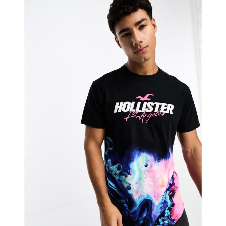 Camiseta larga negra con estampado central del logo de Hollister