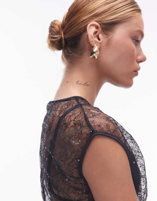 Encaje Camiseta Transparente Negra Blusa Transparente Camiseta