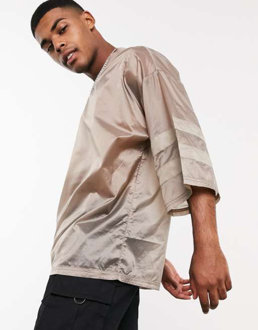 Camiseta larga y extragrande de tejido en beis con manga ancha 3/4 de ASOS DESIGN