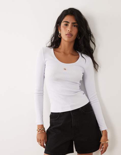 Camiseta lila de manga larga de canalé con etiqueta de Calvin Klein Jeans - view 1