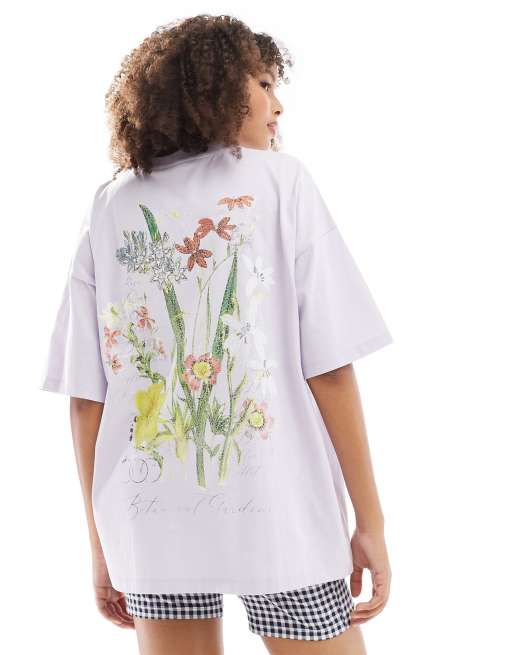 Camiseta lila extragrande con estampado botánico en la espalda de ASOS DESIGN