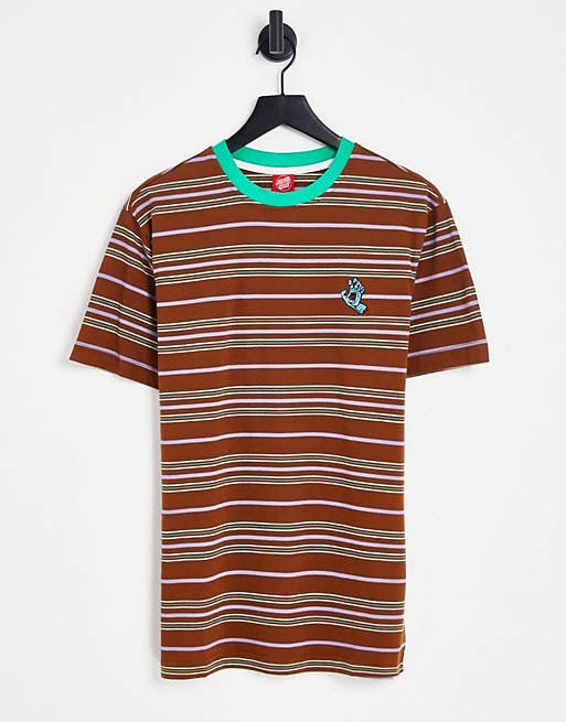 Hombre Other | Camiseta marrón a rayas con logo pequeño de mano de Santa Cruz - WB74087