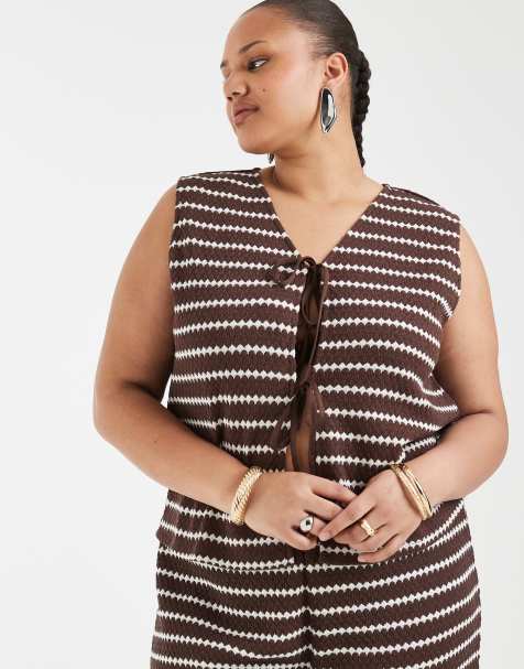 Camiseta marrón a rayas sin mangas con lazada delantera de ONLY Curve (parte de un conjunto) - view 1