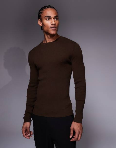 Camiseta marrón básica ajustada con cuello redondo de punto acanalado fino de ASOS DESIGN - view 1