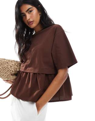 Camiseta marrón chocolate con volante en el bajo de mezcla de popelina de Miss Selfridge - view 1