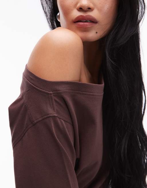 ASOS DESIGN long sleeve off shoulder corset waist tee in chocolate