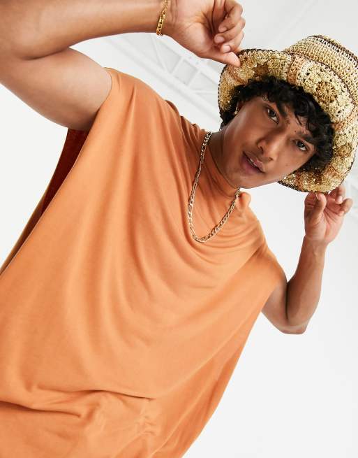 Camiseta marrón claro extragrande sin mangas de viscosa de ASOS DESIGN