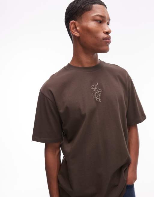 Camiseta marrón extragrande con bordado floral de Topman