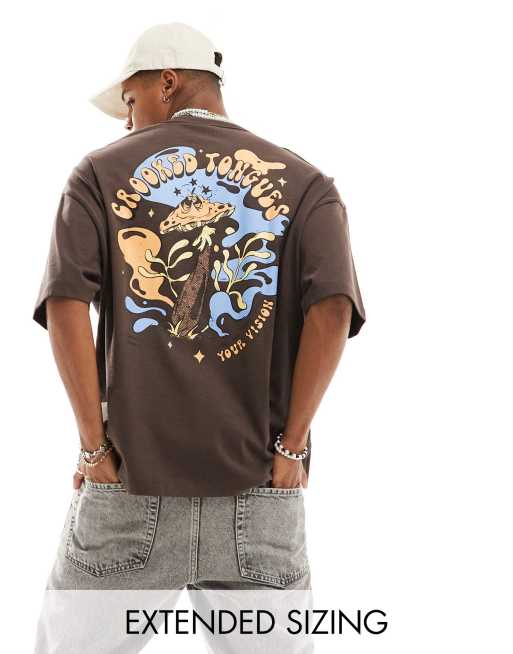 Camiseta marrón extragrande con estampado de dibujos en el pecho y la espalda premium de ASOS x Crooked Tongues