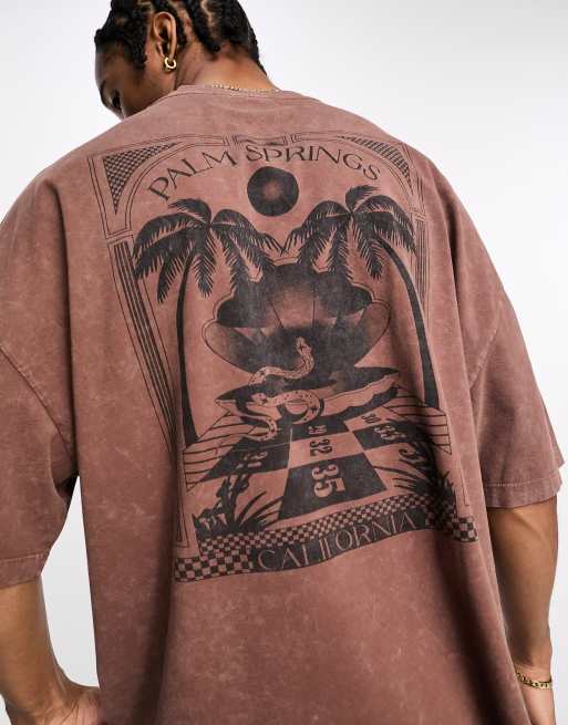 Camiseta marrón extragrande con estampado de Palm Springs en la parte trasera de ASOS DESIGN