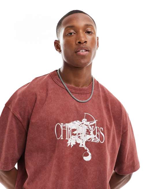 Camiseta marrón lavado extragrande con estampado de querubín en el pecho de ASOS DESIGN
