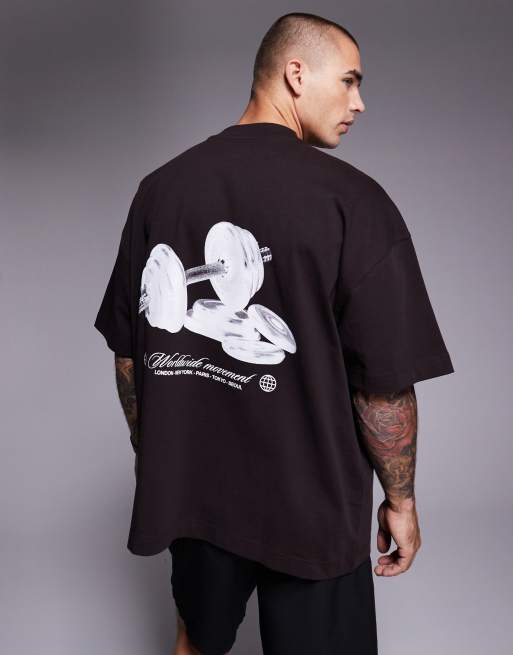 Camiseta marrón lavado extragrande con gráfico en la espalda y acabado de secado rápido de algodón grueso de 4505, 4 de 5