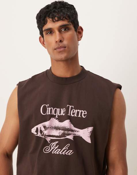 Camiseta marrón oscuro sin mangas de corte cuadrado extragrande con estampado delantero de ASOS DESIGN - view 1
