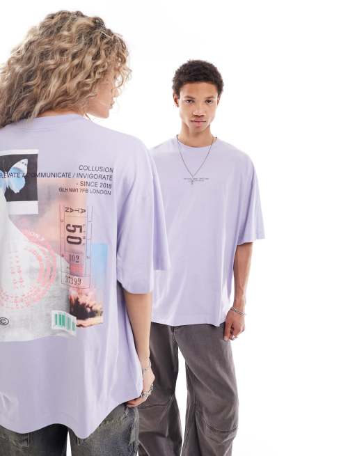 Camiseta morado lavado con estampado gráfico en la espalda de COLLUSION Unisex