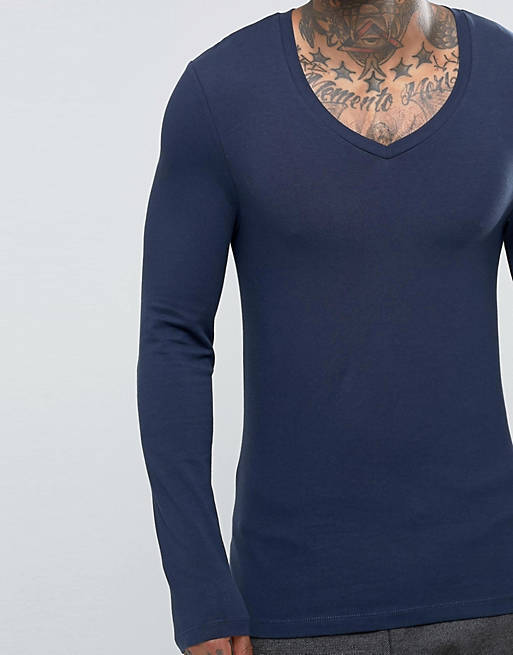 Generosidad Adquisición Desprecio Camiseta muy ajustada de manga larga con cuello en V en azul marino de ASOS  | ASOS