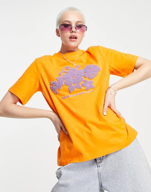 Camiseta naranja de corte cuadrado con estampado hawaiano y bordado tupido de COLLUSION, 3 de 4