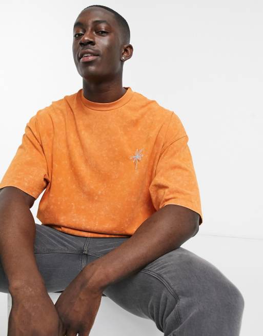 Camiseta naranja lavada extragrande con bordado de palmera en la parte delantera de ASOS DESIGN