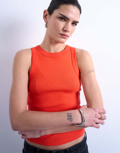 Camiseta naranja sin mangas con cuello de nadadora de canalé de Topshop - view 1