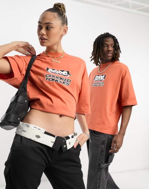 Camiseta naranja unisex extragrande con estampado gráfico de Crooked Tongues x Felix the Cat