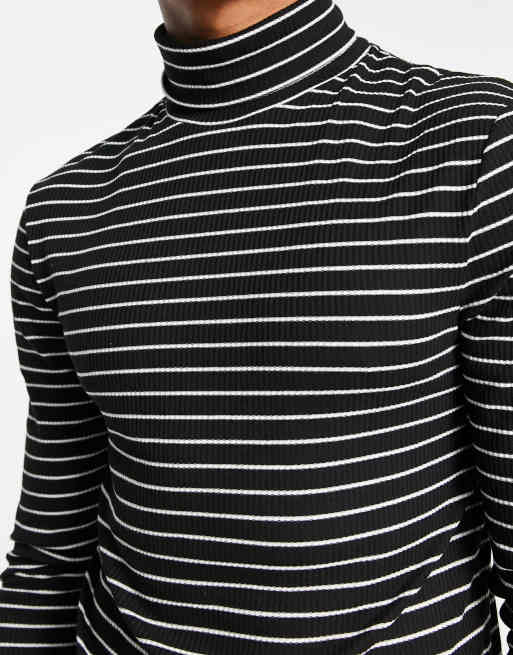 Camiseta negra a rayas blancas entallada de manga larga con cuello alto de ASOS DESIGN