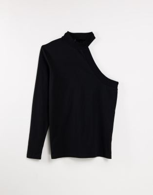 Camiseta negra ajustada asimétrica con una manga larga y cuello alzado de ASOS DESIGN