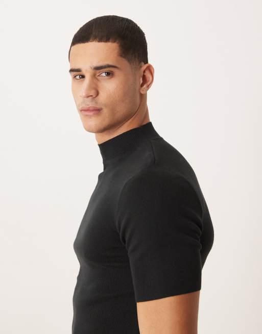 Camiseta negra ajustada con cuello subido de canalé de mezcla de algodón de ASOS DESIGN, 4 de 5