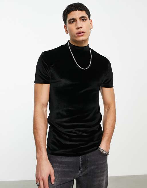 Camiseta negra ajustada con cuello subido de velour de ASOS DESIGN