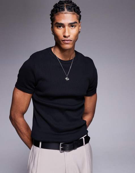 Camiseta negra ajustada de tejido muy grueso de canalé de ASOS DESIGN - view 1