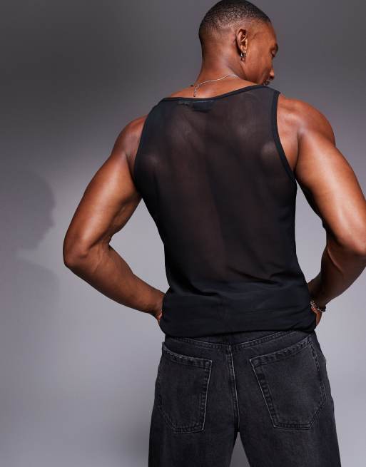 Camiseta negra ajustada de tirantes con cuello cuadrado de malla de ASOS DESIGN, 4 de 4